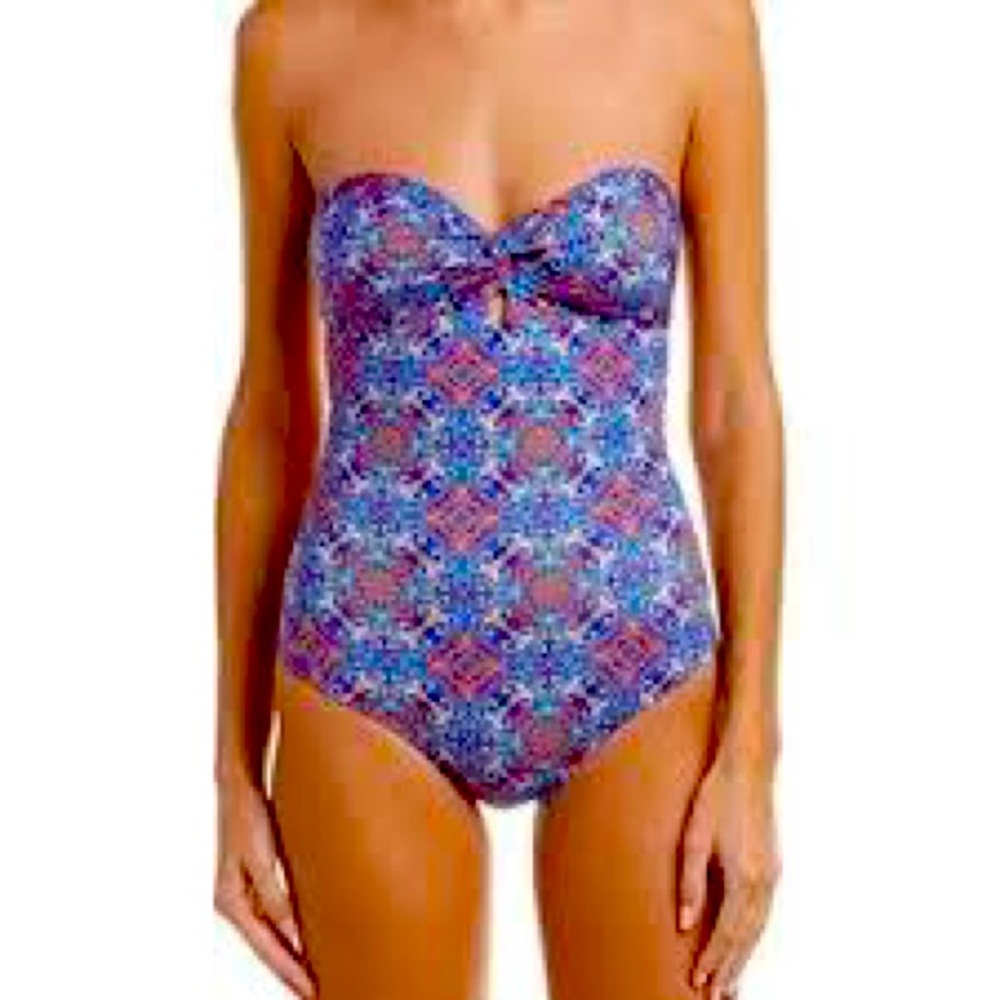 Saha urania twisted strapless one piece swimsuit blue orange mosaic NWT Large